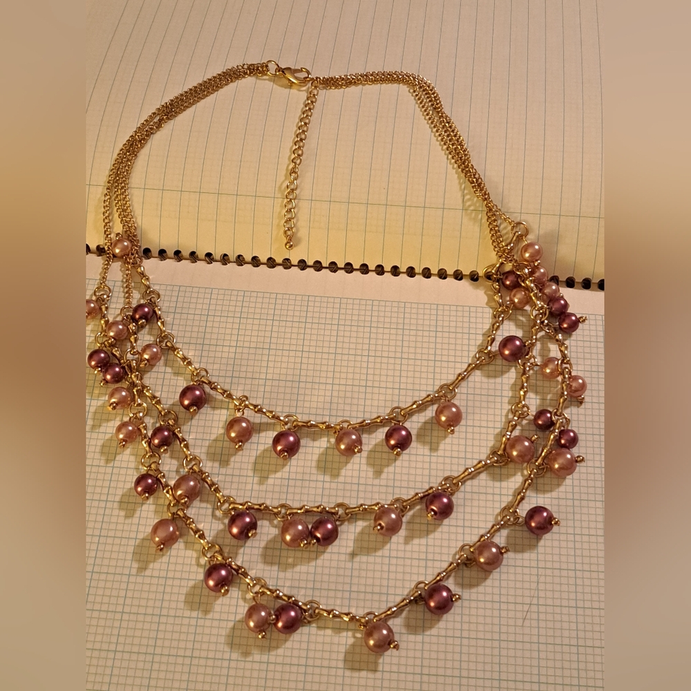 Pink Champagne And Burgandy Wine Pearl And Gold Multistrand Necklace - Picture 2 of 6